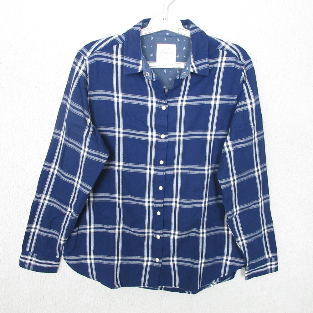 Jachs Girlfriend Flannel Blouse Womens Size Medium Blue Plaid Pearl Snap Casual